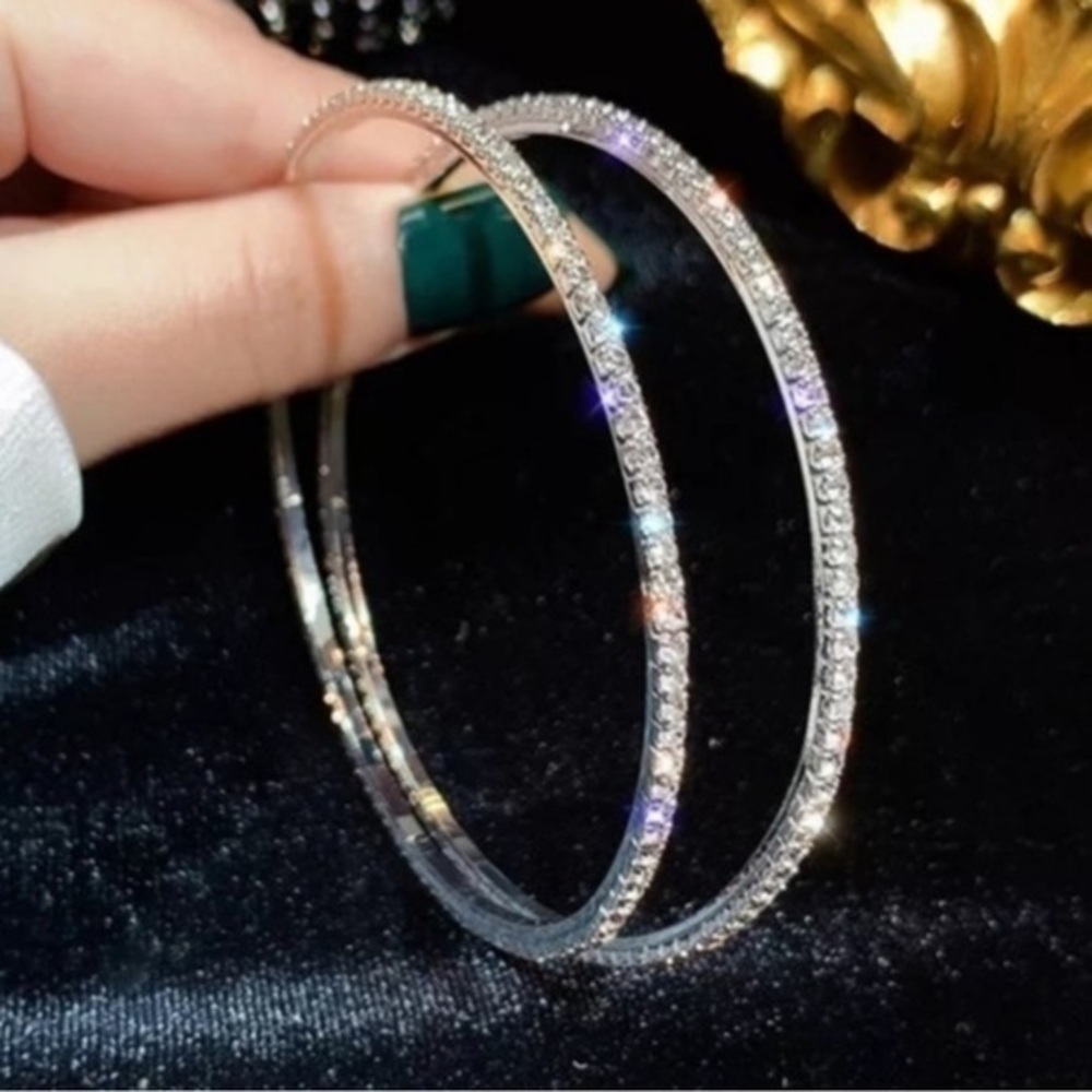 18k White Gold Plated Pave Cz Large 2” Hoop Earrings Sterling Silver